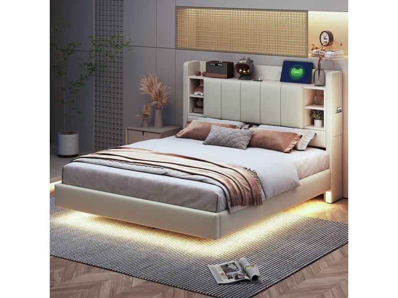  Lit double capitonné 140 x 200 cm avec éclairage led et usb, lit rembourré tête de lit réversible avec coussins de rangement, tissu effet lin, beige  - Conforama D