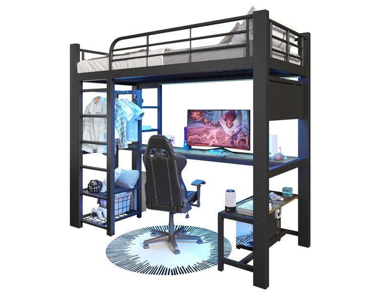  Lit mezzanine 90x200 cm avec bureau, led et rangements noir  - Conforama A