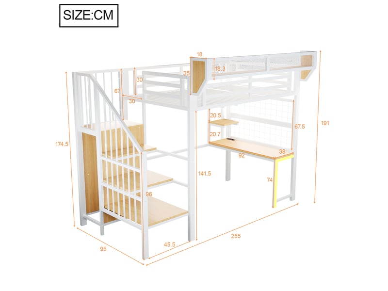  Lit mezzanine enfant 90x200 cm – blanc – bureau, étagères, led et prises intégrées – sans matelas  - Conforama C