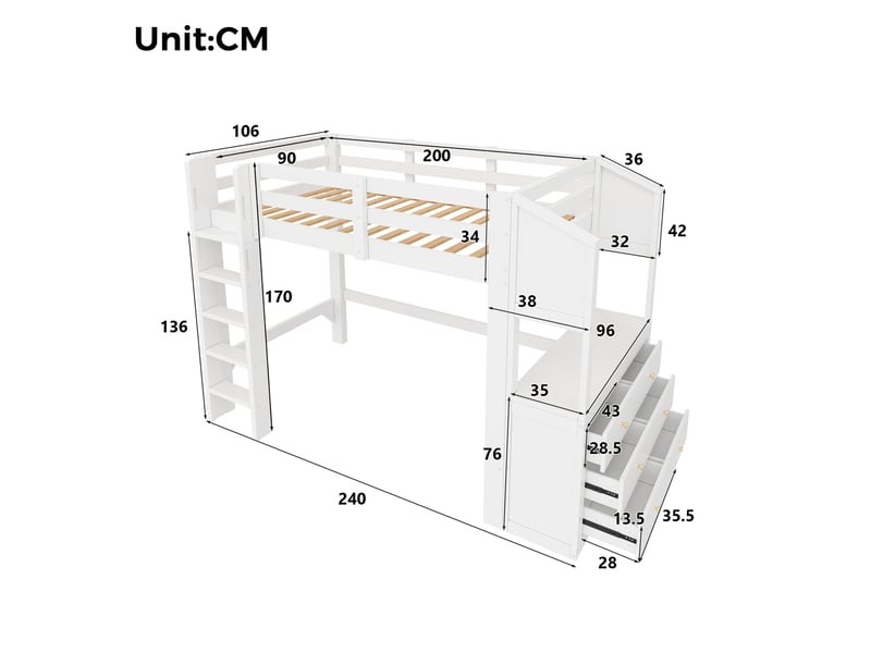 Lit mezzanine simple 90×200 cm avec 3 tiroirs, étagères et led - okmyhome- blanc, sans matelas, bois et mdf - Conforama D