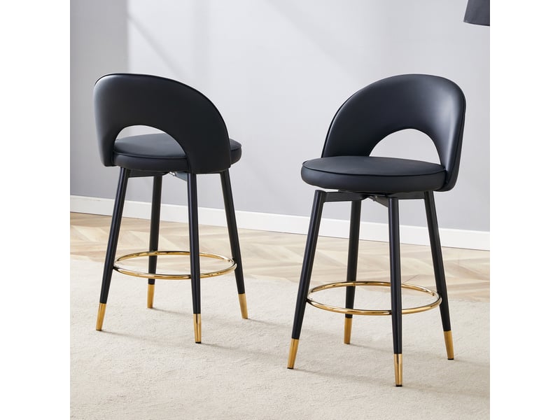  Lot de 2 tabourets de bar 44x47.4x92cm – pivotants à 360° avec dossier ajouré et repose-pieds – similicuir pu - noir  - Conforama E