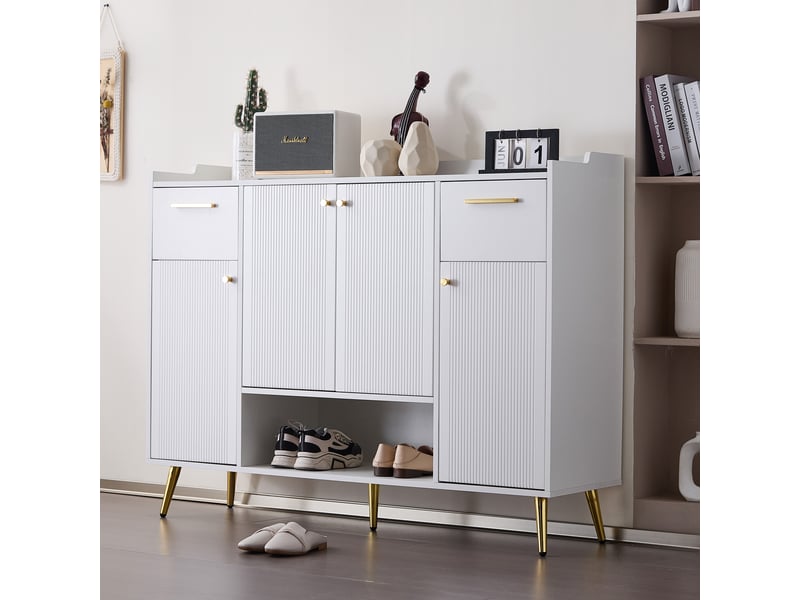  Meuble à chaussures avec 4 portes, 2 tiroirs et une niche ouverte, en panneaux de particules blancs, 130 × 37 × 100 cm  - Conforama C