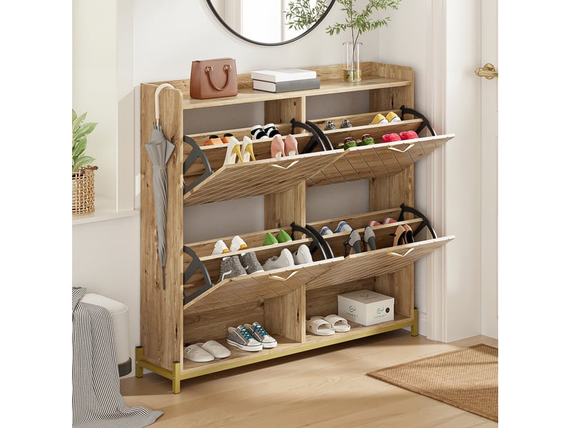  Meuble à chaussures ulevr à 4 portes abattantes, rangement compact 108,5 x 24 x 100 cm, mdf aspect bois  - Conforama E