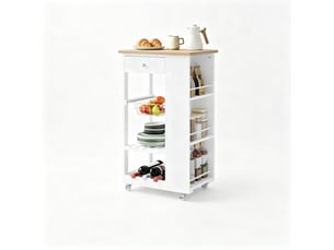 Desserte de cuisine à roulettes 56,5 x 37 x 87 cm, blanche effet bambou