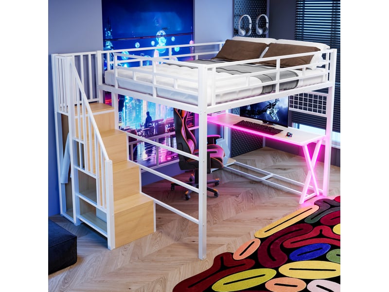  Lit mezzanine 160x200 cm avec bureau, armoire, rangements et led blanc  - Conforama B