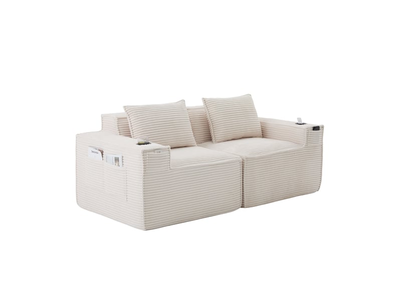  Canapé modulable 2 places – canapé en velours côtelé, assise profonde, porte-gobelets intégrés, poches latérales, ressorts et mousse haute densité, coussins inclus, beige  - Conforama A