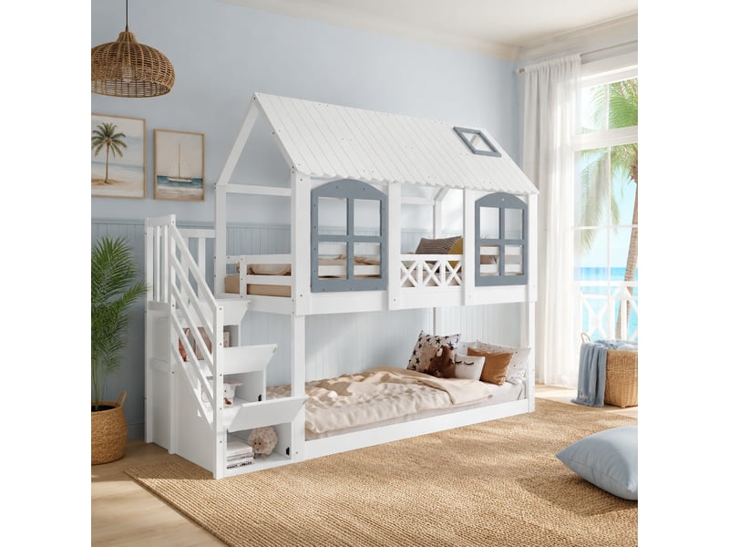 Lit superposé enfant avec toit et fenêtres blanc et gris 90 x 200 cm - Conforama D