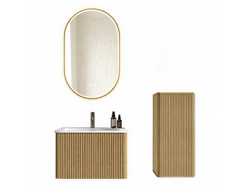  Meuble de salle de bains suspendu 61 cm bois clair avec vasque, colonne et miroir led antibuée réglable  - Conforama A