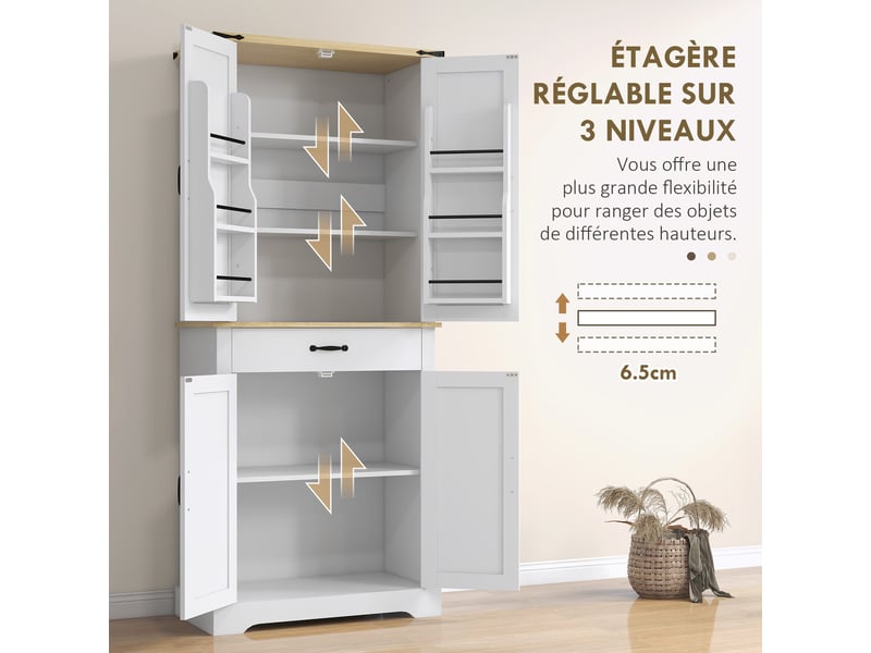  Armoire de cuisine buffet cuisine, 6 étagères à porte,1 tiroir et étagères réglables 76,5 x 40 x 181 cm blanc, 4 portes  - Conforama R