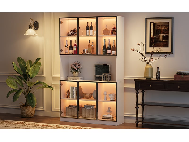  Vitrine de rangement, avec rangement, 120 x 34 x 200 cm, coloris blanc, pour salon, solution de rangement fonctionnelle, pour intérieur  - Conforama R