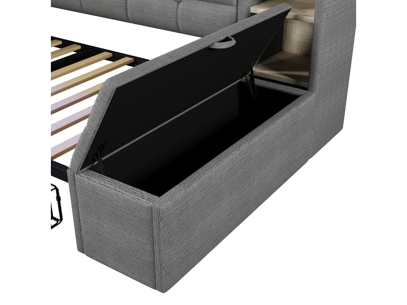 Lit 90x190 cm led, lit simple avec 2 tiroirs et usb type-c, velours gris foncé, sans matelas  - Conforama E