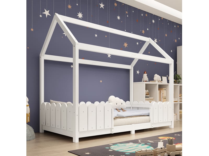 Modenvie lit enfant maison 90x200 cm - avec barriere de securite, sommier inclus - blanc  - Conforama B