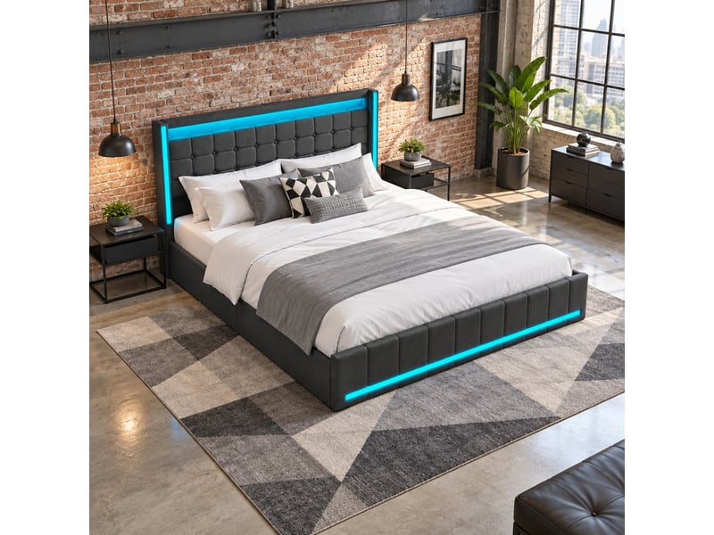  Lit adulte 2 places 180x200 cm, lit double avec rangement, led, port usb, 4 tiroirs, lin gris foncé  - Conforama D