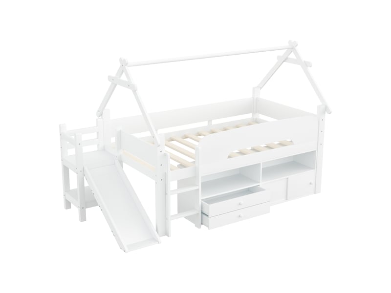 Lit mezzanine cabane 90x200 cm avec toboggan, lit enfant avec rangements, sommier à lattes, bois blanc, sans matelas - Conforama D