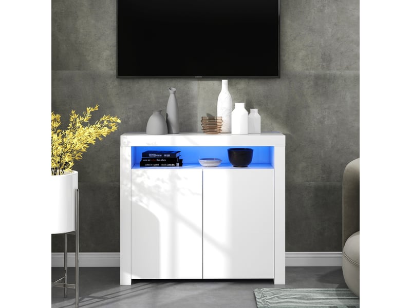  Buffet moderne led - dimensions 108x40x92 cm - blanc brillant - éclairage led intégré - panneaux de particules 108x40x92cm - Conforama C