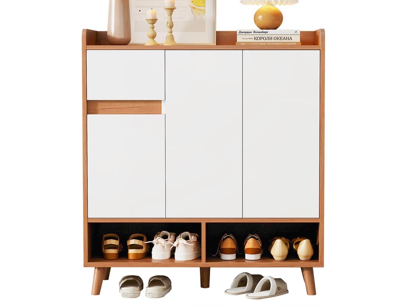  Meuble à chaussures 90x35x99 cm avec portes, niches ouvertes, étagères réglables et pieds en bois - Blanc et naturel Fay Lum - Conforama A