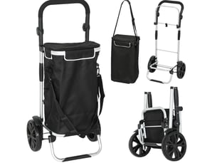Chariot de courses pliable 3-en-1 noir 40 l avec compartiment isotherme, charge jusqu'à 25 kg au quotidien