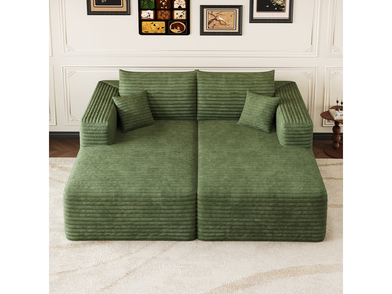  Canapé modulable convertible 2 places 180 x 151 x 58 cm, canapé-lit sans structure, assise en mousse, design minimaliste, velours côtelé, vert Bliss Lite - Conforama E