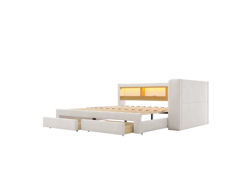 Canapé-lit rembourré 3-en-1,90x200/180x200 cm,avec lit gigogne,tiroirs,led et prise,velours,beige–banquette-lit d'angle,sans matelas - Conforama A