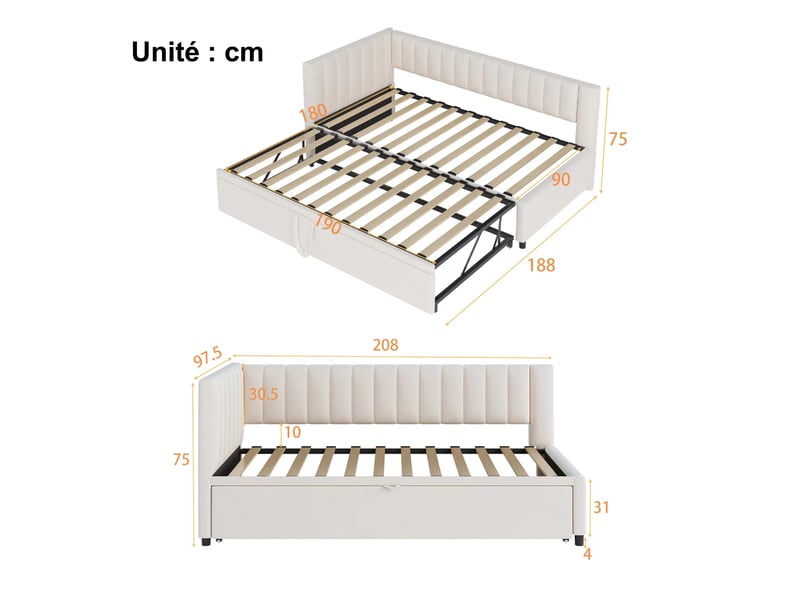 Canapé convertible en l avec lit gigogne, dossier et tête de lit, pour chambre d'amis, revêtement en velours beige - Conforama D