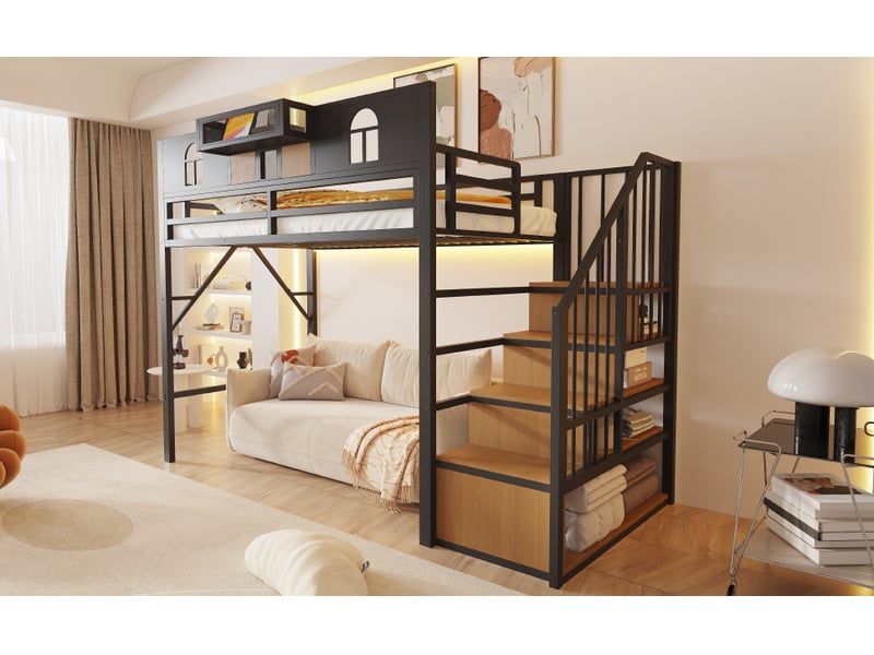  Lit jeune, 90x200 cm, rangement intégré, en métal, noir, poids 70 kg LDB00616AAB-conf-NEW - Conforama E