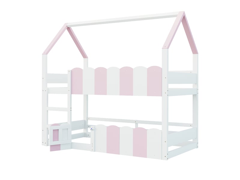  Lit mezzanine enfant 90x200 cm, forme maison, espace inférieur modulable, barrières de sécurité, échelle, bois et mdf, rose OMNIGLINT TRADING LTD - Conforama A