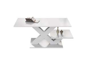 Table basse blanche brillante 100x48x45cm double plateau mdf pieds en x