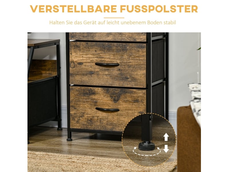  Commode de rangement en tissu à 3 tiroirs avec étagères et cadre en acier marron rustique  - Conforama C