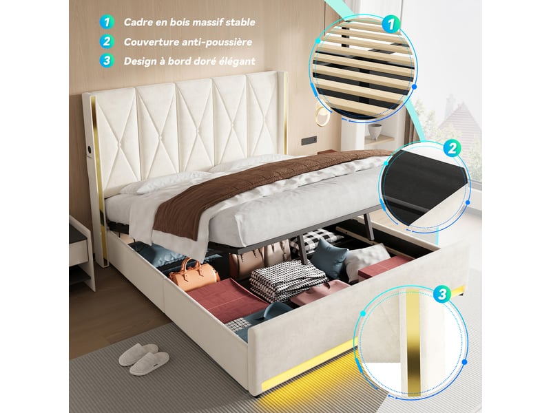  Lit coffre à relevage hydraulique, tête haute capitonnée, usb et usb-c, led, velours beige, 180x200 cm  - Conforama E