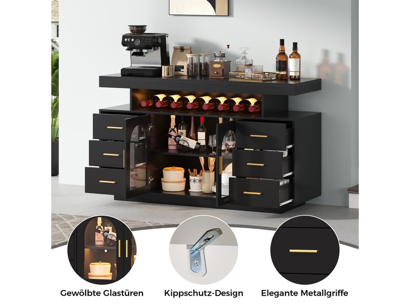  Buffet bar à vin,140x40x82 cm,led, 6 tiroirs et 2 portes vitrées,mdf,noir  - Conforama E