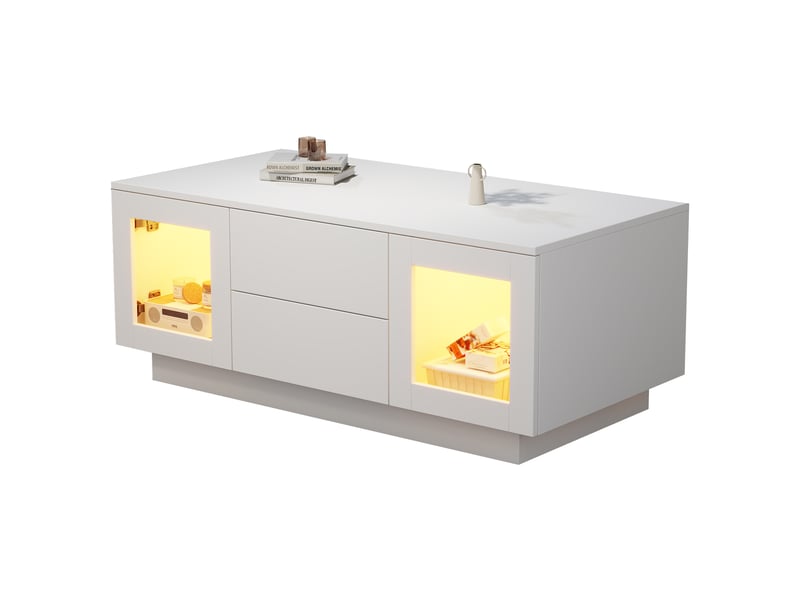  Table basse avec 2 tiroirs, 2 placards et led réglable par application mobile pour salon en mdf 100×50×40 cm blanc  - Conforama A