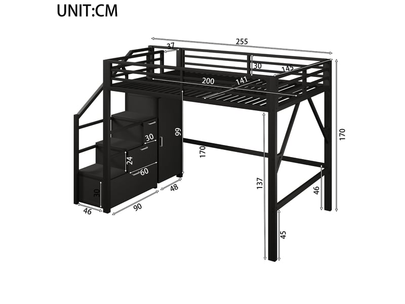  Lit mezzanine 140 × 200 cm, armoires de rangement, led, garde-corps hauts, escalier et étagères, métal et mdf, noir  - Conforama C