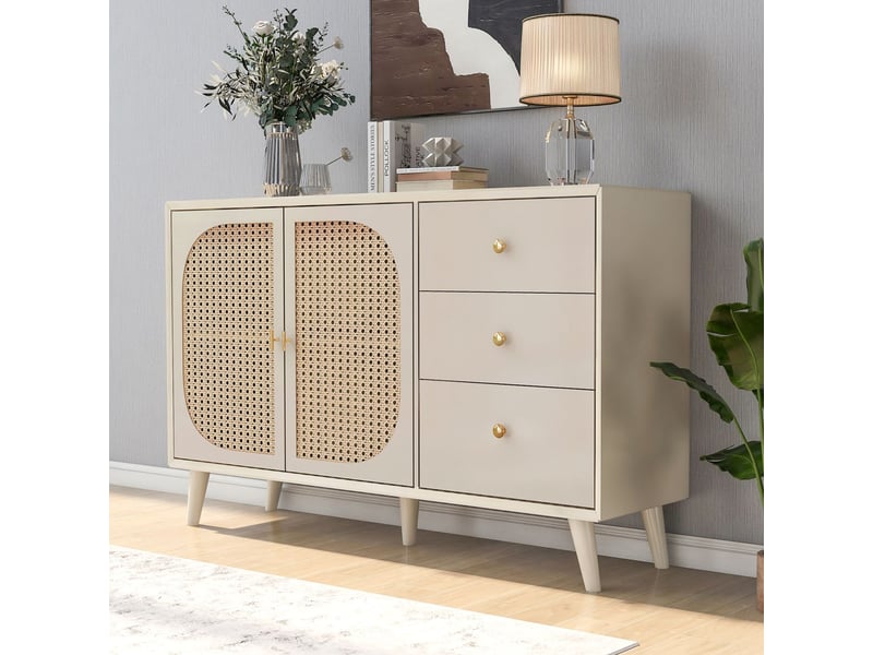 Buffet salle à manger 120 cm, buffet 2 portes 3 tiroirs, rangement généreux, portes cannées rotin, finition crème, pieds bois massif - Conforama B
