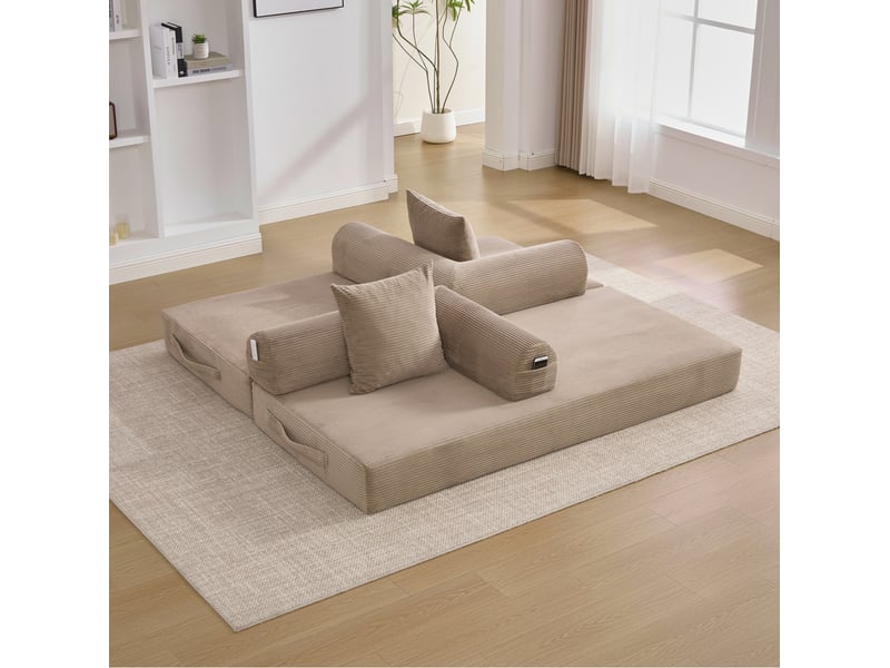  Canapé modulaire 3 places à configuration libre avec poche latérale et 3 coussins, en velours côtelé kaki  - Conforama D