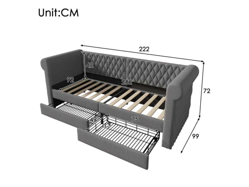  Lit enfant 90x200 cm, lit simple avec 2 tiroirs, cadre de lit avec sommier à lattes en bois et tête de lit, en lin, gris, sans matelas  - Conforama D