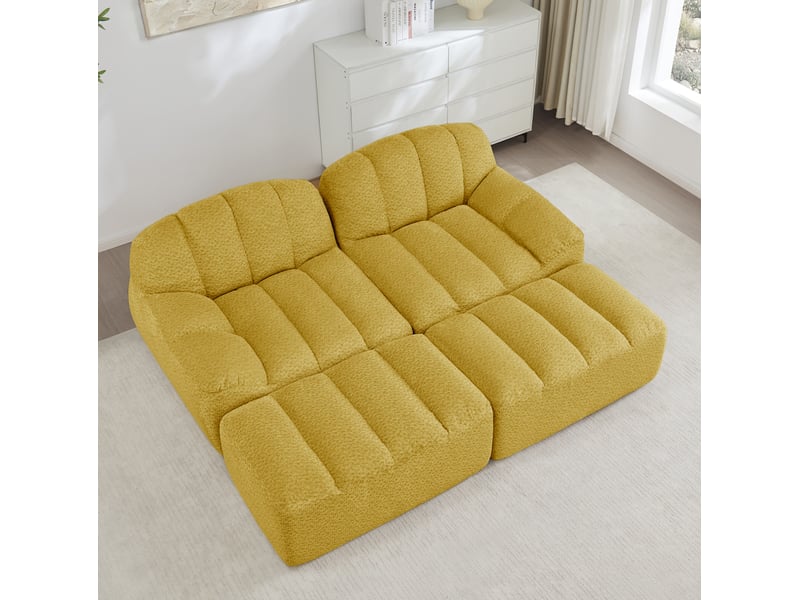  Canapé modulaire 2 places avec 2 ottomans en tissu bouclette jaune, 210 x 165 x 79 cm  - Conforama D