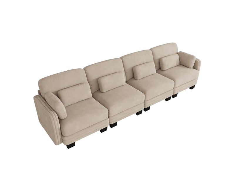 Canapé droit modulable 330 cm 4 places avec coussins d’accoudoir amovibles, coussins lombaires épais à soutien renforcé, chenille, marron clair - Conforama A