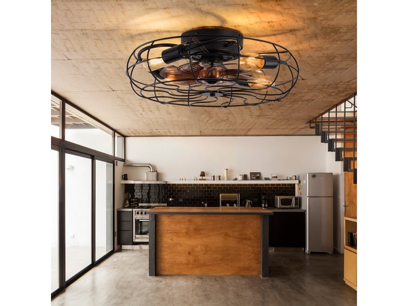 Ventilateur de plafond cage 19 avec lumière, moteur dc réversible 6 vitesses, noir et noyer foncé - Conforama W