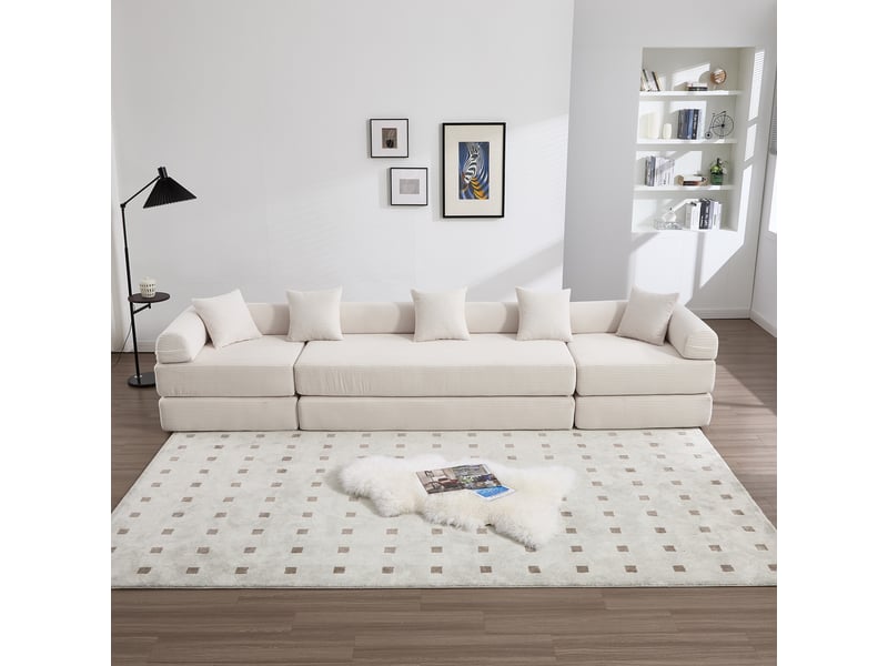 Canapé modulable beige velours côtelé, canapé familial avec rangement, convertible lit d'appoint  - Conforama D