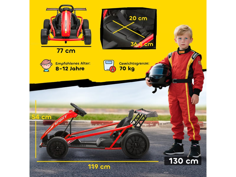  Kart électrique 24 v pour la conduite et le drift, pneus en nylon, ceinture de sécurité, klaxon, musique, pour les 8-12 ans, rouge  - Conforama E