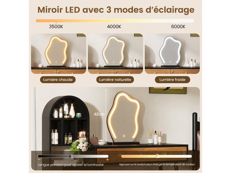  Coiffeuse avec miroir lumineux, plateau extensible, 2 tiroirs, noir et effet bois, 131 x 40 x 119,6 cm  - Conforama D