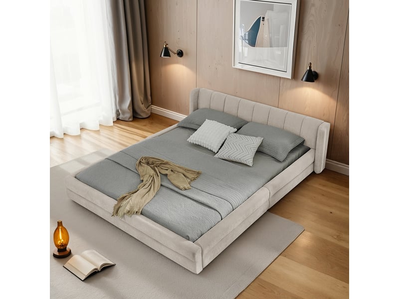  Lit double 160x200, cadre renforcé, tête de lit ergonomique capitonnée, mousse et tissu chenille, beige, sans matelas  - Conforama B