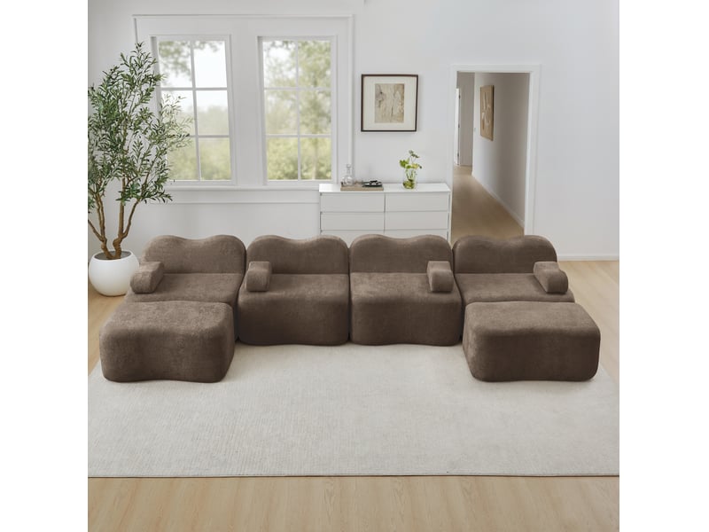 Canapé d’angle u modulable 4 places 384x167x70 cm, dossier ondulé, 32d, 2 poufs, velours, marron - Conforama D