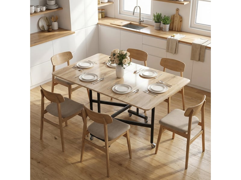  Table pliante pour 4 à 6 personnes avec 2 rabats et roulettes avec freins, 120 x 80 x 73 cm, chêne  - Conforama C