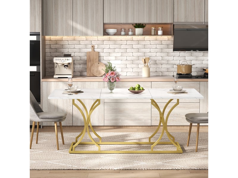  Table de salle à manger 8 à 10 personnes en mdf aspect marbre 200×80×76 cm blanche et dorée  - Conforama B
