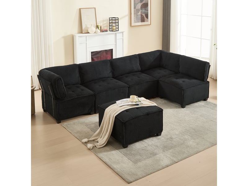 Canapé modulaire - 6 places - velours côtelé - ergonomique - poches de rangement - structure bois et métal Noir - Conforama B