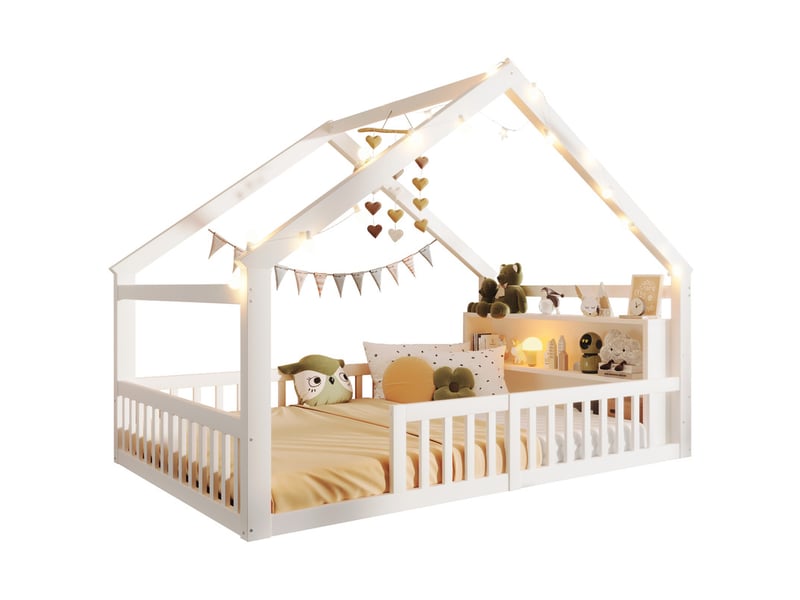 Lit cabane, 140 x 190 cm, lit pour enfant avec barrières, avec guirlande led, bois de pin, blanc  - Conforama A