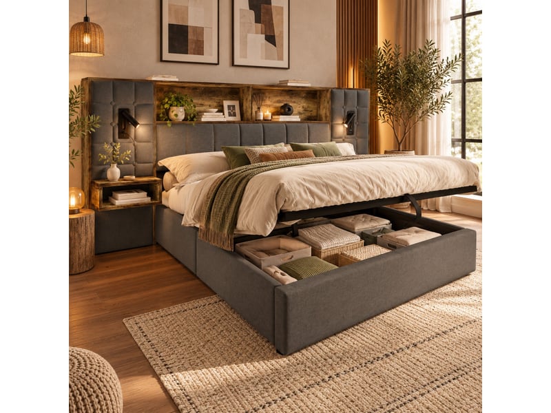 Lit rembourré 160x200 cm avec 2 chevets et étagère, lampe tactile rechargeable, ports usb et usb-c, rangement hydraulique, girs - Conforama B