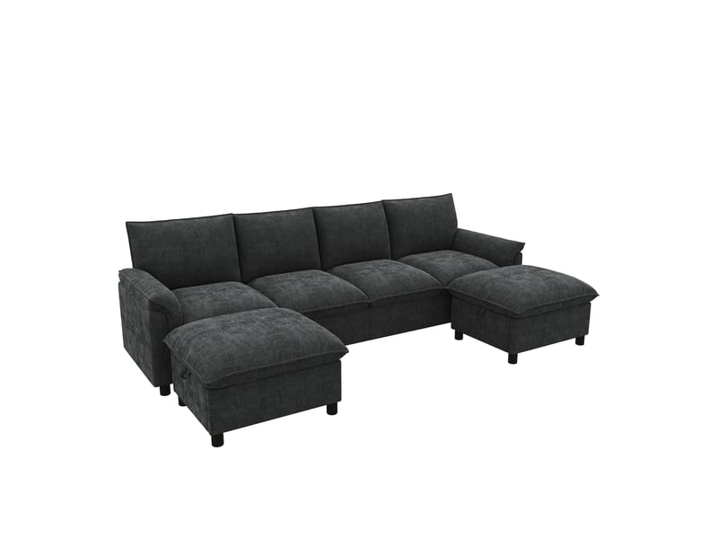 Canapé d’angle en u 4 places 264,5x142,5x84 cm modulable effet nuage avec assise profonde, 2 poufs mobiles et dossier haut, chenille, noir Sol Morn - Conforama A