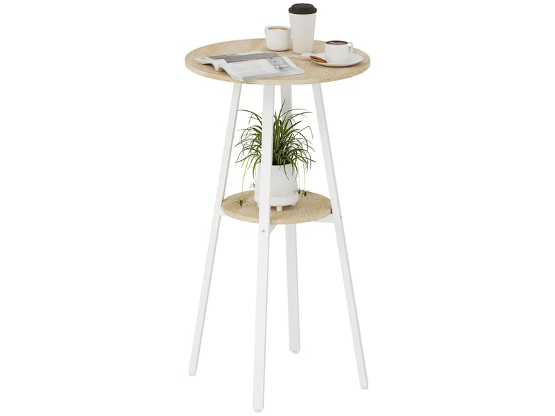  Table haute ronde avec étagère, table de cuisine ou de salle à manger moderne, pour 2 personnes, naturel et blanc  - Conforama A